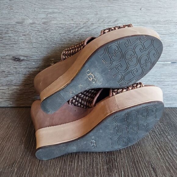 Ugg 1002926 Doha Women's Brown Leather Wedge Platform Woven Sandals Size USA 8 - Picture 8 of 9